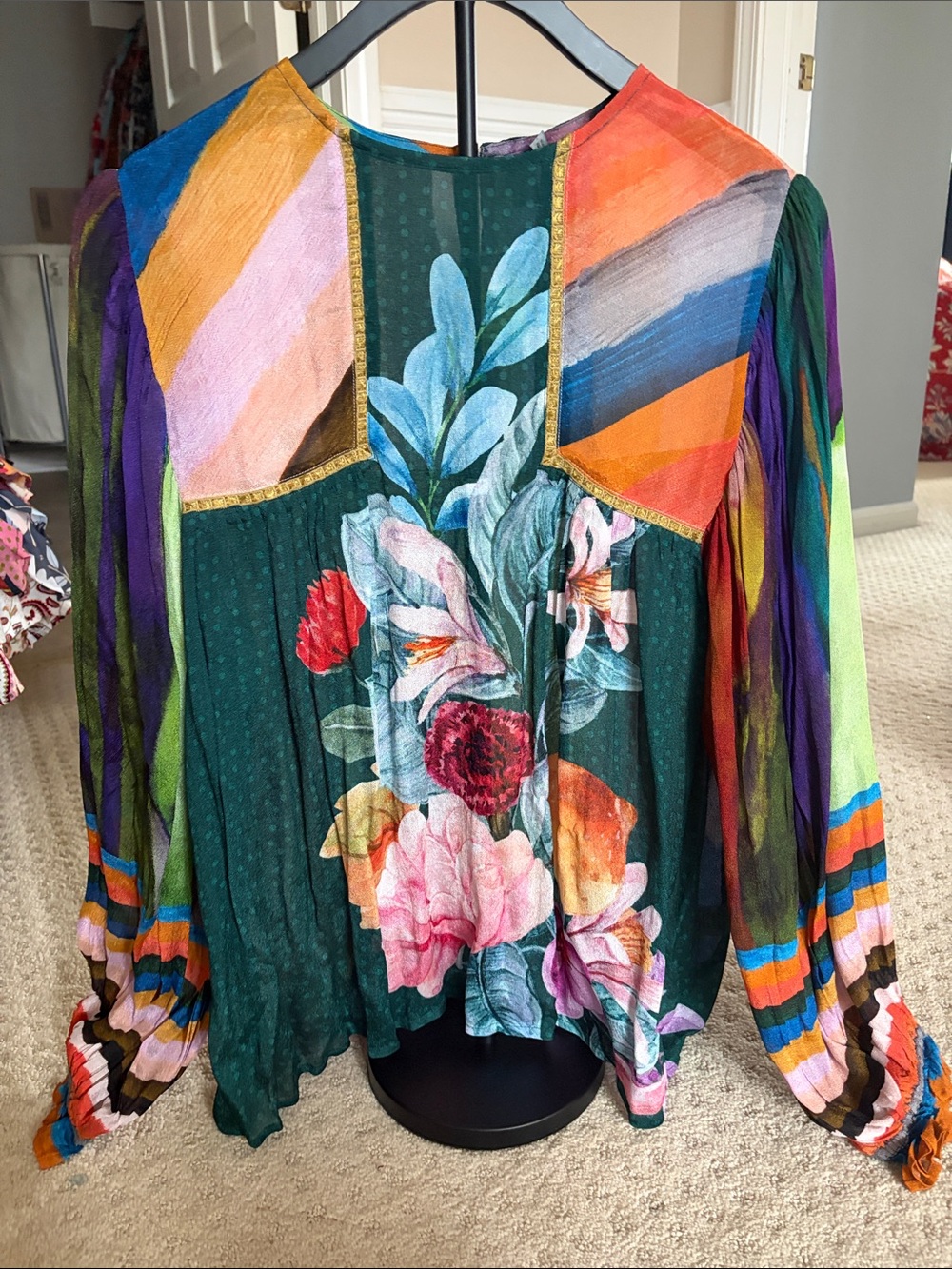 Floral Patchwork Long-Sleeve Peasant Blouse - Green Multicolor